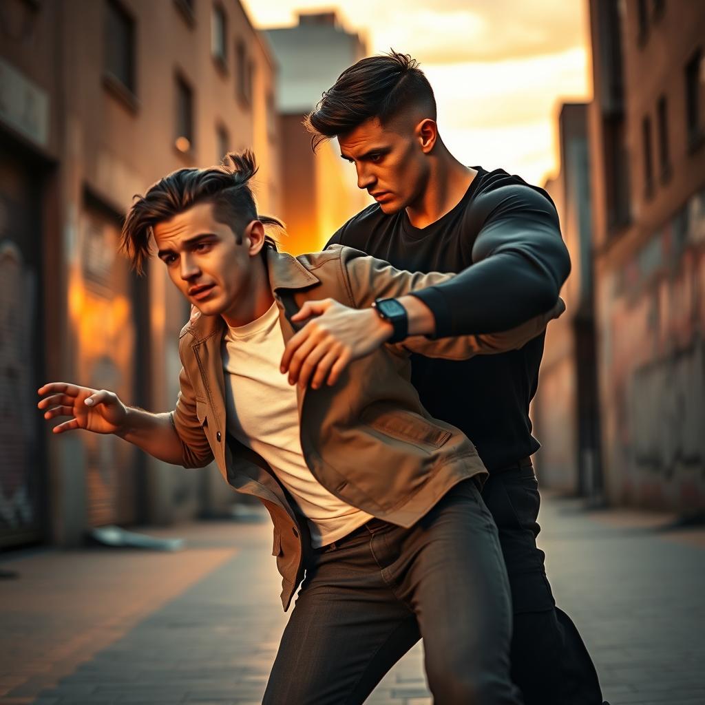 A dynamic action scene featuring two guys in an urban setting