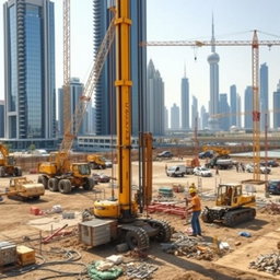 A carefully selected high-resolution A4 size image depicting piling works at a construction site in Dubai