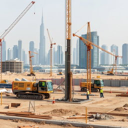 A carefully selected high-resolution A4 size image depicting piling works at a construction site in Dubai