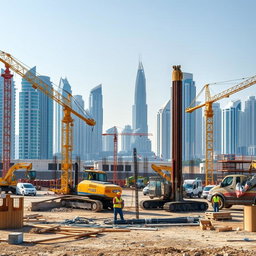 A carefully selected high-resolution A4 size image depicting piling works at a construction site in Dubai