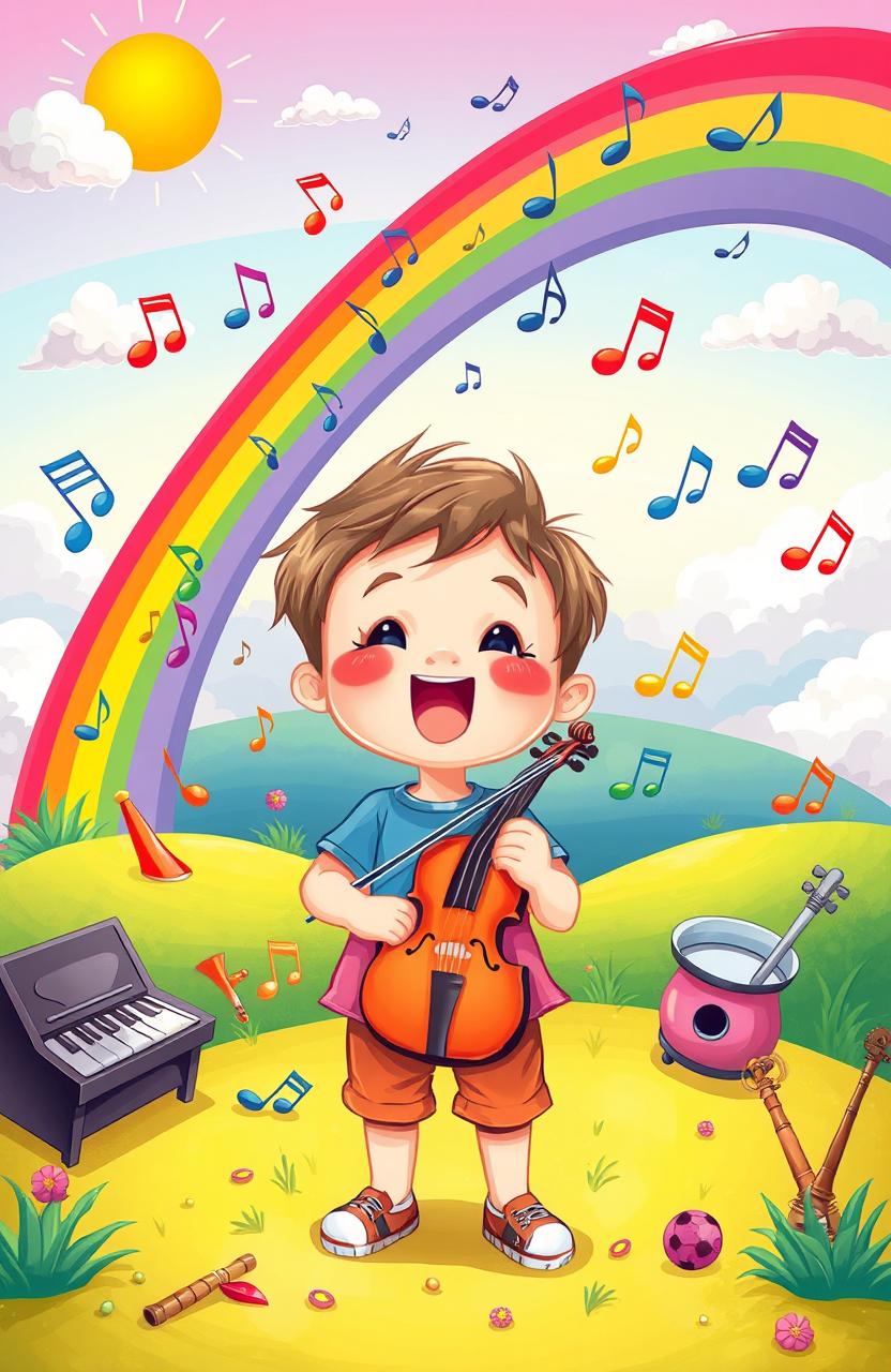 A whimsical illustration of a young child surrounded by vibrant musical notes and colorful instruments
