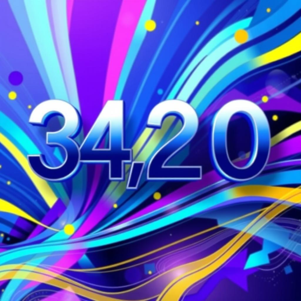 An abstract digital art piece featuring a large, rounded number 34,200 positioned prominently at the top of the composition