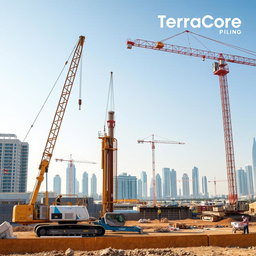 A carefully selected high-resolution A4 size image depicting piling works at a construction site in Dubai, specifically branded for TerraCore Piling & Foundation