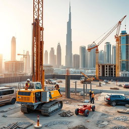 A carefully selected high-resolution A4 size image depicting piling works at a construction site in Dubai, specifically branded for TerraCore Piling & Foundation