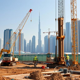 A carefully selected high-resolution A4 size image depicting piling works at a construction site in Dubai, specifically branded for TerraCore Piling & Foundation