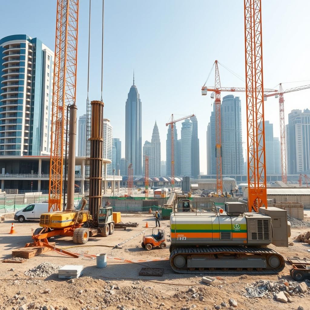 A carefully selected high-resolution A4 size image depicting piling works at a construction site in Dubai, specifically branded for TerraCore Piling & Foundation