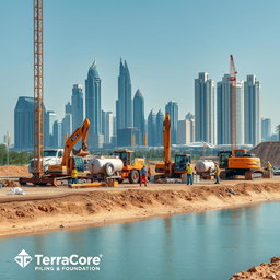 A carefully selected high-resolution A4 size image depicting dewatering operations at a construction site in Dubai, specifically tailored for TerraCore Piling & Foundation