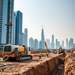 A carefully selected high-resolution A4 size image depicting dewatering operations at a construction site in Dubai, specifically tailored for TerraCore Piling & Foundation