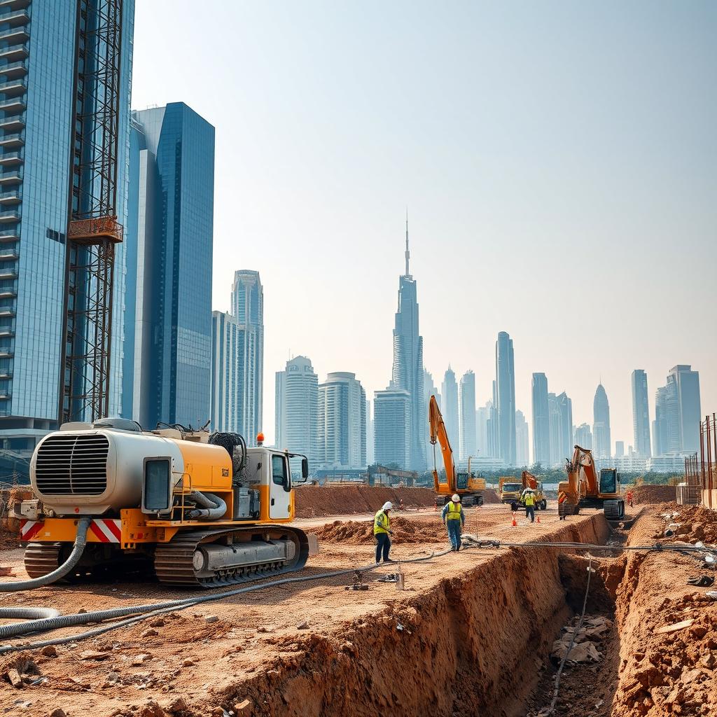 A carefully selected high-resolution A4 size image depicting dewatering operations at a construction site in Dubai, specifically tailored for TerraCore Piling & Foundation