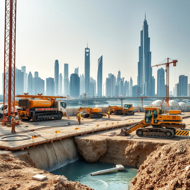 A carefully selected high-resolution A4 size image depicting dewatering operations at a construction site in Dubai, specifically tailored for TerraCore Piling & Foundation