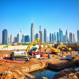 A carefully selected high-resolution A4 size image depicting dewatering operations at a construction site in Dubai, specifically tailored for TerraCore Piling & Foundation
