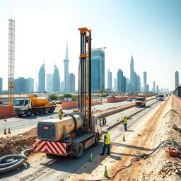 A carefully selected high-resolution A4 size image depicting NDRC (Non-Destructive Road Crossing) works at a construction site in Dubai, tailored for TerraCore Piling & Foundation