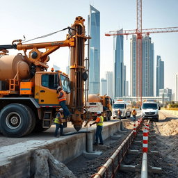 A carefully selected high-resolution A4 size image depicting NDRC (Non-Destructive Road Crossing) works at a construction site in Dubai, tailored for TerraCore Piling & Foundation
