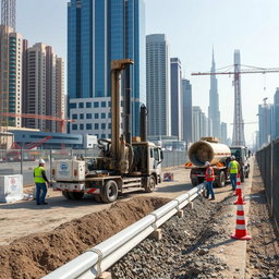 A carefully selected high-resolution A4 size image depicting NDRC (Non-Destructive Road Crossing) works at a construction site in Dubai, tailored for TerraCore Piling & Foundation