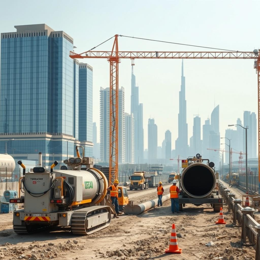 A carefully selected high-resolution A4 size image depicting NDRC (Non-Destructive Road Crossing) of Micro-Tunneling works at a construction site in Dubai, specifically for TerraCore Piling & Foundation