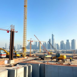 A carefully selected high-resolution A4 size image depicting shoring H-Beam and Sheet Pile Walls works at a construction site in Dubai, specifically designed for TerraCore Piling & Foundation