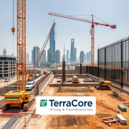 A carefully selected high-resolution A4 size image depicting shoring H-Beam and Sheet Pile Walls works at a construction site in Dubai, specifically designed for TerraCore Piling & Foundation