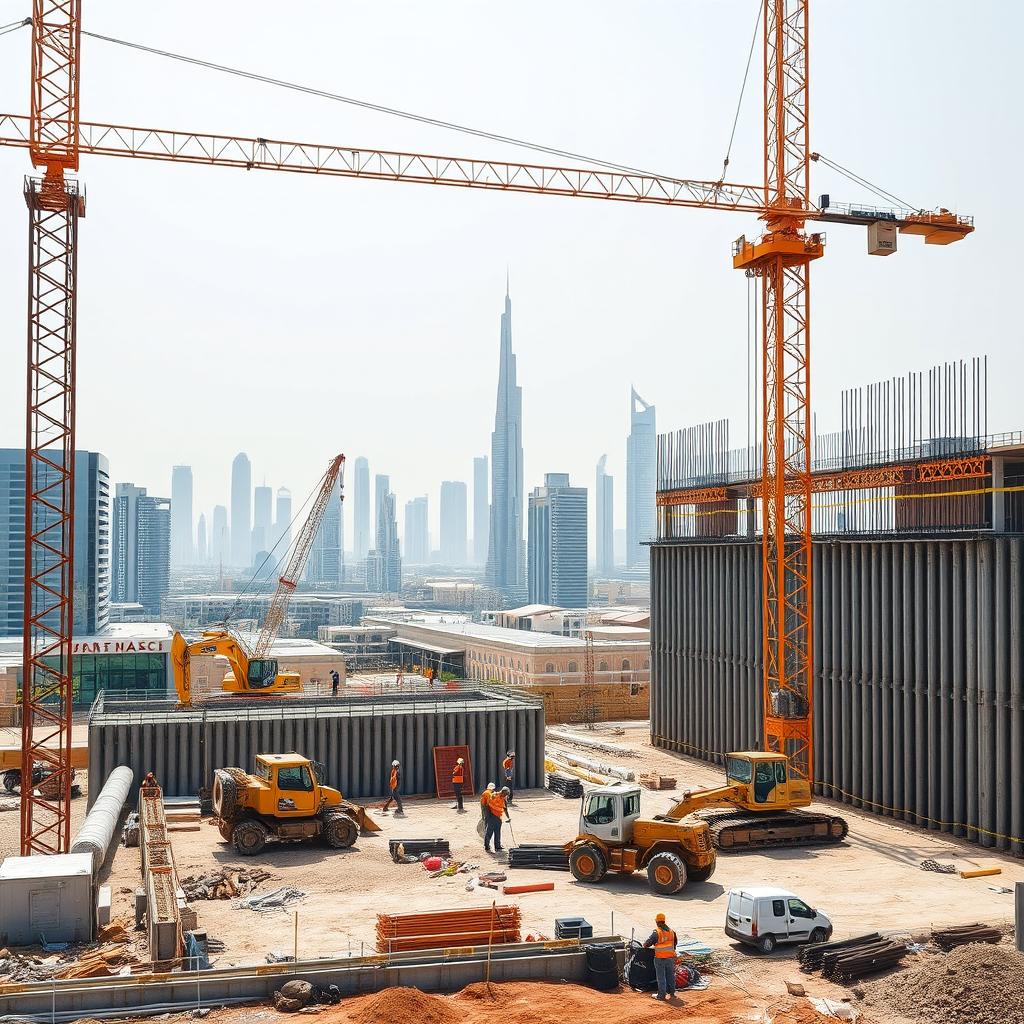 A carefully selected high-resolution A4 size image depicting shoring H-Beam and Sheet Pile Walls works at a construction site in Dubai, specifically designed for TerraCore Piling & Foundation