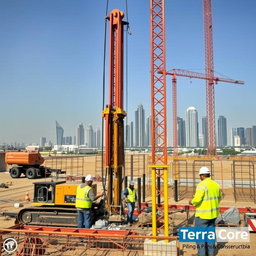 A carefully selected high-resolution A4 size image depicting shoring Tie Back Anchors and Internal Steel Struts works at a construction site in Dubai, specifically for TerraCore Piling & Foundation