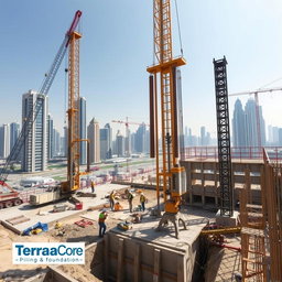 A carefully selected high-resolution A4 size image depicting shoring Tie Back Anchors and Internal Steel Struts works at a construction site in Dubai, specifically for TerraCore Piling & Foundation