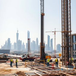 A carefully selected high-resolution A4 size image depicting shoring Tie Back Anchors and Internal Steel Struts works at a construction site in Dubai, specifically for TerraCore Piling & Foundation
