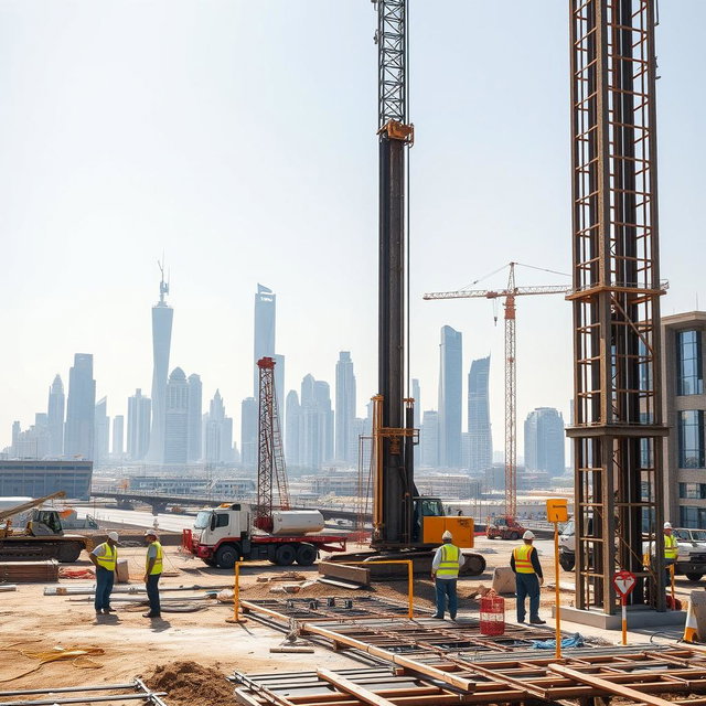 A carefully selected high-resolution A4 size image depicting shoring Tie Back Anchors and Internal Steel Struts works at a construction site in Dubai, specifically for TerraCore Piling & Foundation
