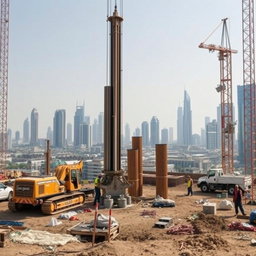 A carefully selected high-resolution A4 size image depicting shoring Driven and Bored Piles works at a construction site in Dubai, specifically designed for TerraCore Piling & Foundation