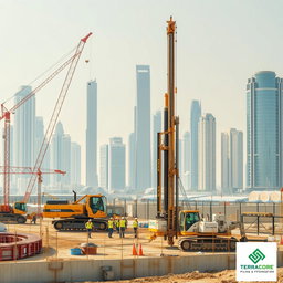 A carefully selected high-resolution A4 size image depicting shoring Driven and Bored Piles works at a construction site in Dubai, specifically designed for TerraCore Piling & Foundation