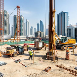 A carefully selected high-resolution A4 size image depicting shoring Driven and Bored Piles works at a construction site in Dubai, specifically designed for TerraCore Piling & Foundation