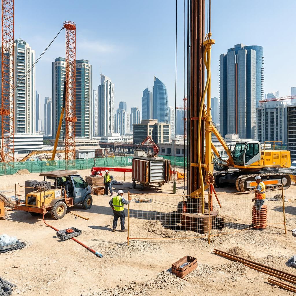 A carefully selected high-resolution A4 size image depicting shoring Driven and Bored Piles works at a construction site in Dubai, specifically designed for TerraCore Piling & Foundation