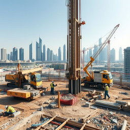 A carefully selected high-resolution A4 size image depicting shoring Driven and Bored Piles works at a construction site in Dubai, specifically designed for TerraCore Piling & Foundation