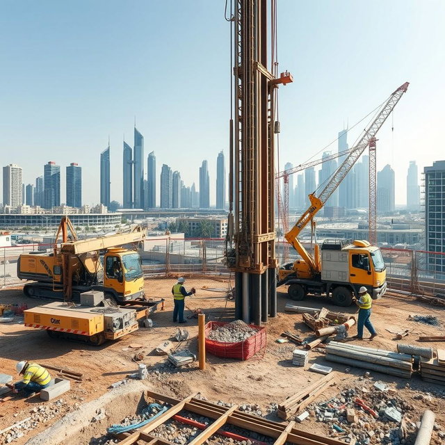A carefully selected high-resolution A4 size image depicting shoring Driven and Bored Piles works at a construction site in Dubai, specifically designed for TerraCore Piling & Foundation