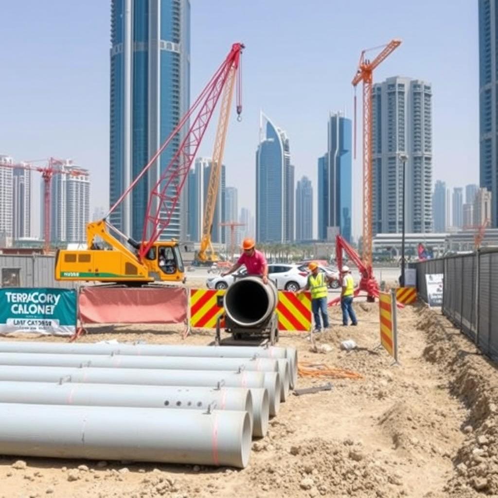 A carefully selected high-resolution A4 size image depicting Non-Disruptive Road Crossings (NDRC) Pipe Jacking works at a construction site in Dubai, specifically created for TerraCore Piling & Foundation