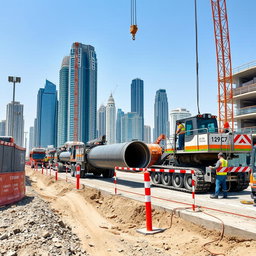 A carefully selected high-resolution A4 size image depicting Non-Disruptive Road Crossings (NDRC) Pipe Jacking works at a construction site in Dubai, specifically created for TerraCore Piling & Foundation