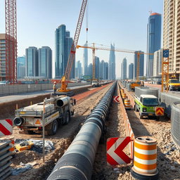 A carefully selected high-resolution A4 size image depicting Non-Disruptive Road Crossings (NDRC) Pipe Jacking works at a construction site in Dubai, specifically created for TerraCore Piling & Foundation