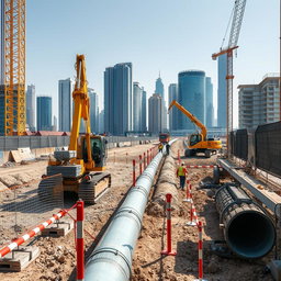 A carefully selected high-resolution A4 size image depicting Non-Disruptive Road Crossings (NDRC) Pipe Jacking works at a construction site in Dubai, specifically created for TerraCore Piling & Foundation