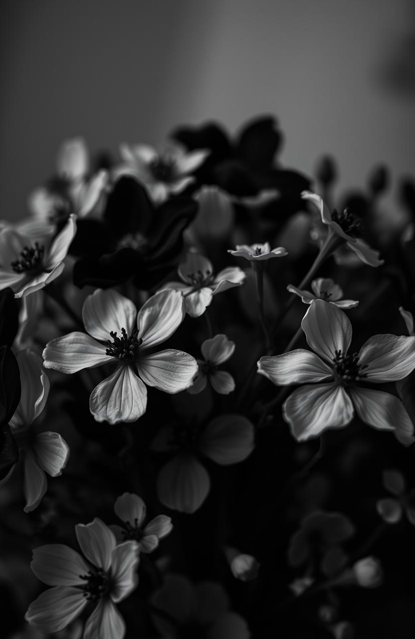 A beautifully artistic arrangement of black and white flowers symbolizing shattered love, featuring delicate petals in varying shapes and sizes