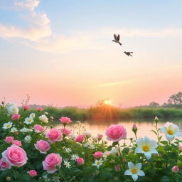 A serene scene depicting the unity of nature and love during sunrise or sunset, with a gentle light blue or soft pink sky reflecting the sweetness and peace of love