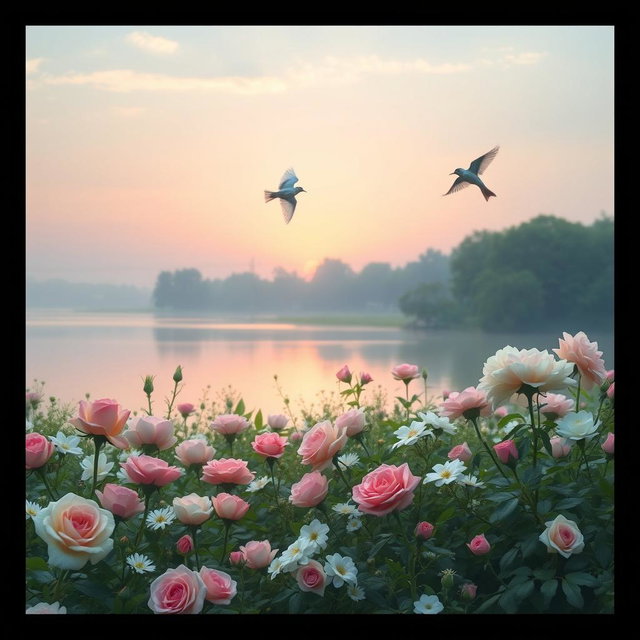 A serene scene depicting the unity of nature and love during sunrise or sunset, with a gentle light blue or soft pink sky reflecting the sweetness and peace of love