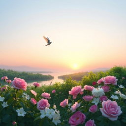 A serene scene depicting the unity of nature and love during sunrise or sunset, with a gentle light blue or soft pink sky reflecting the sweetness and peace of love