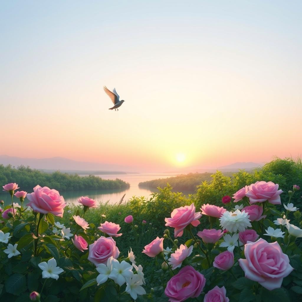 A serene scene depicting the unity of nature and love during sunrise or sunset, with a gentle light blue or soft pink sky reflecting the sweetness and peace of love