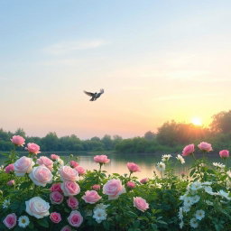 A serene scene depicting the unity of nature and love during sunrise or sunset, with a gentle light blue or soft pink sky reflecting the sweetness and peace of love