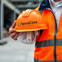 An A4 size image showcasing a person holding a safety helmet prominently featuring the company name 'TerraCore Piling & Foundation' printed on it