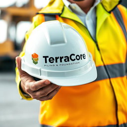 An A4 size image showcasing a person holding a safety helmet prominently featuring the company name 'TerraCore Piling & Foundation' printed on it