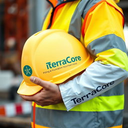 An A4 size image showcasing a person holding a safety helmet prominently featuring the company name 'TerraCore Piling & Foundation' printed on it
