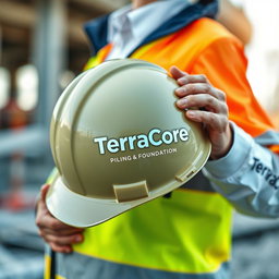 An A4 size image showcasing a person holding a safety helmet prominently featuring the company name 'TerraCore Piling & Foundation' printed on it