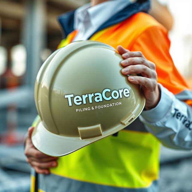 An A4 size image showcasing a person holding a safety helmet prominently featuring the company name 'TerraCore Piling & Foundation' printed on it