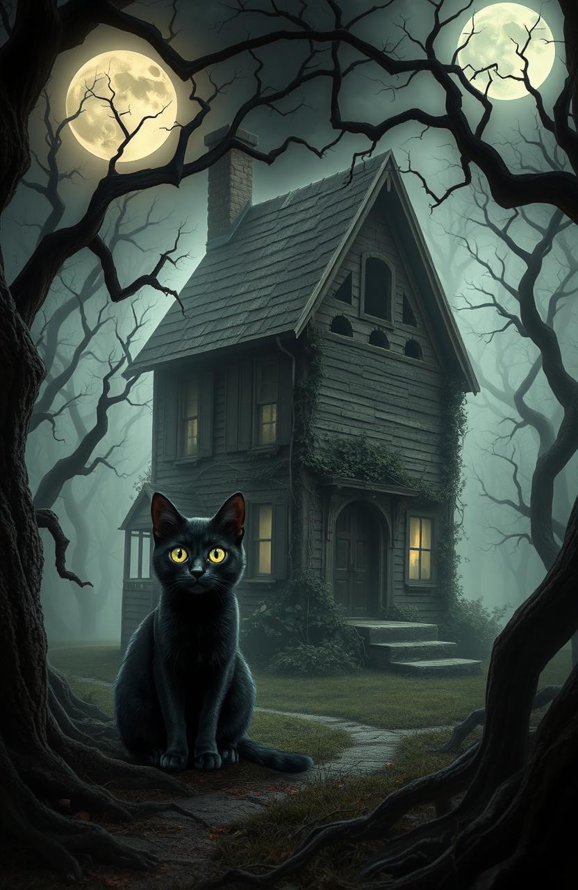 A mysterious, little black cat sitting beside a spooky haunted house nestled in a dense forest
