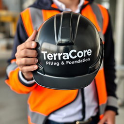 An image depicting a person holding a safety helmet prominently featuring the text 'TerraCore Piling & Foundation' written on it