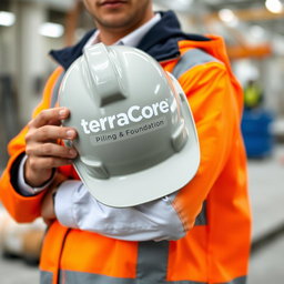 An image depicting a person holding a safety helmet prominently featuring the text 'TerraCore Piling & Foundation' written on it